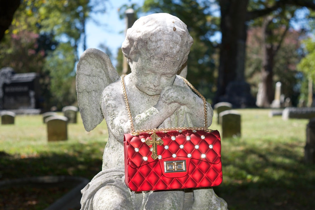 Red Quilted Rhinestone Bag Cross Charm