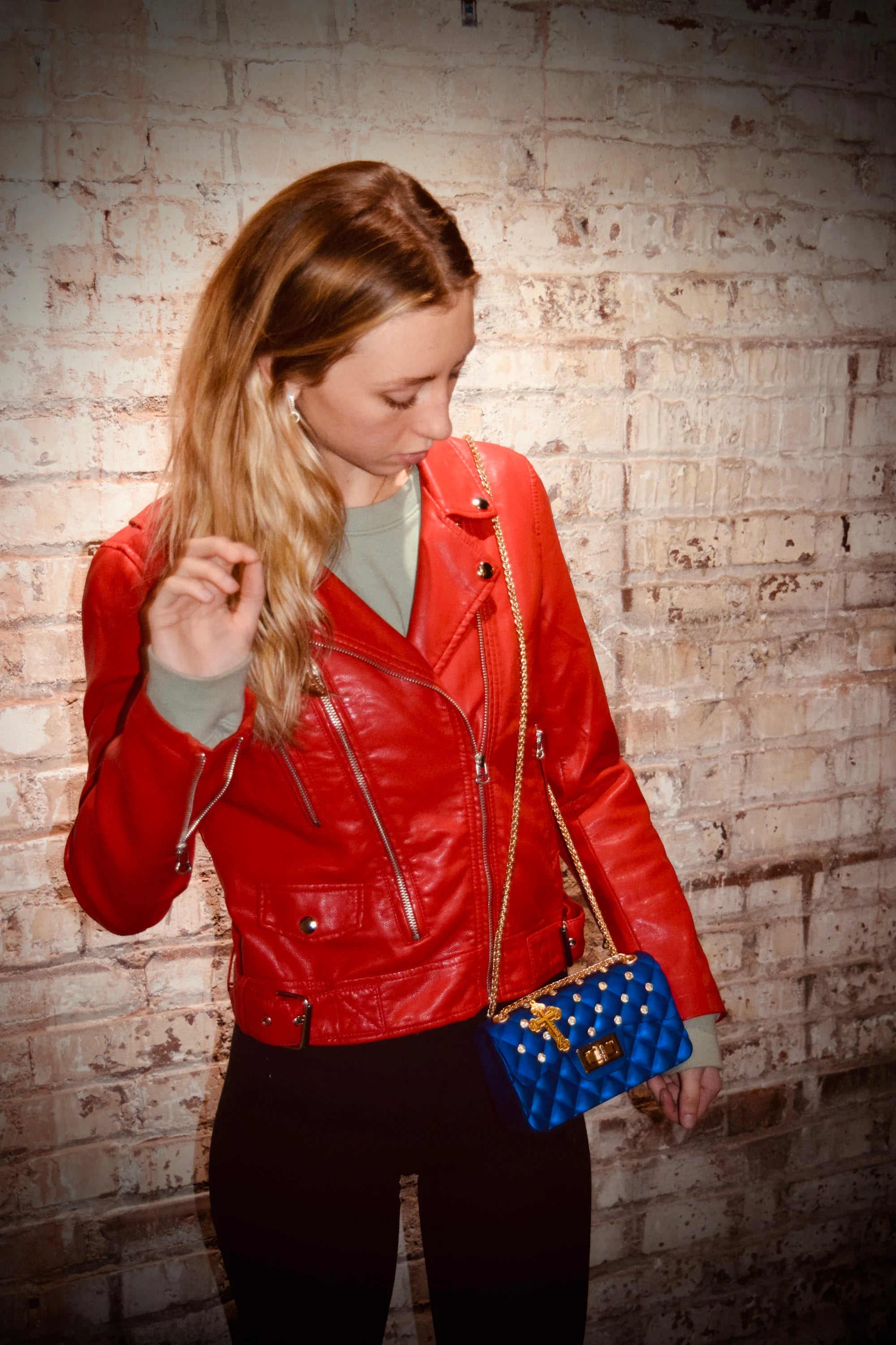 Blue Quilted Rhinestone Bag Cross Charm