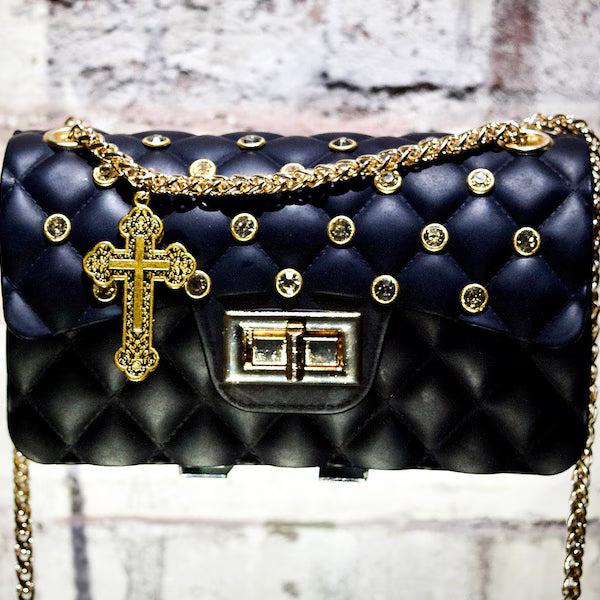 Black Quilted Rhinestone Bag Cross Charm