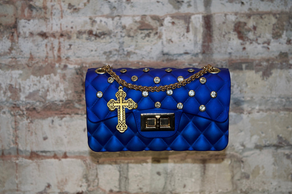 Blue Quilted Rhinestone Bag Cross Charm