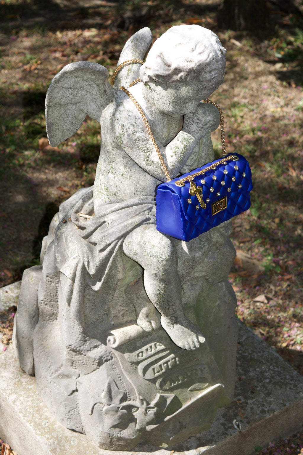 Blue Quilted Rhinestone Bag Cross Charm