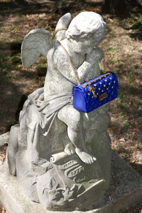 Blue Quilted Rhinestone Bag Cross Charm