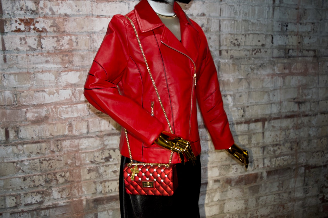 Red Quilted Rhinestone Bag Cross Charm