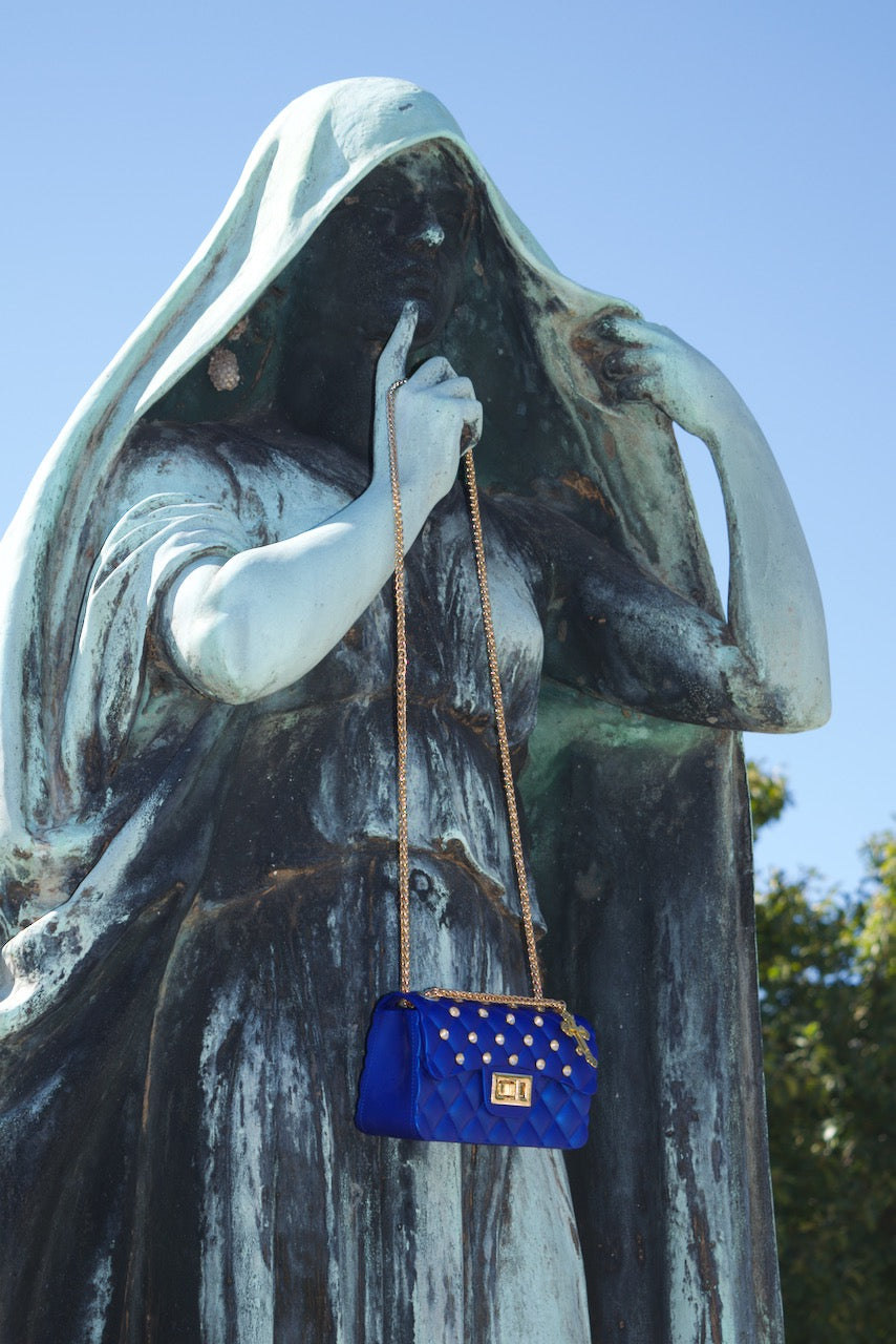 Blue Quilted Rhinestone Bag Cross Charm