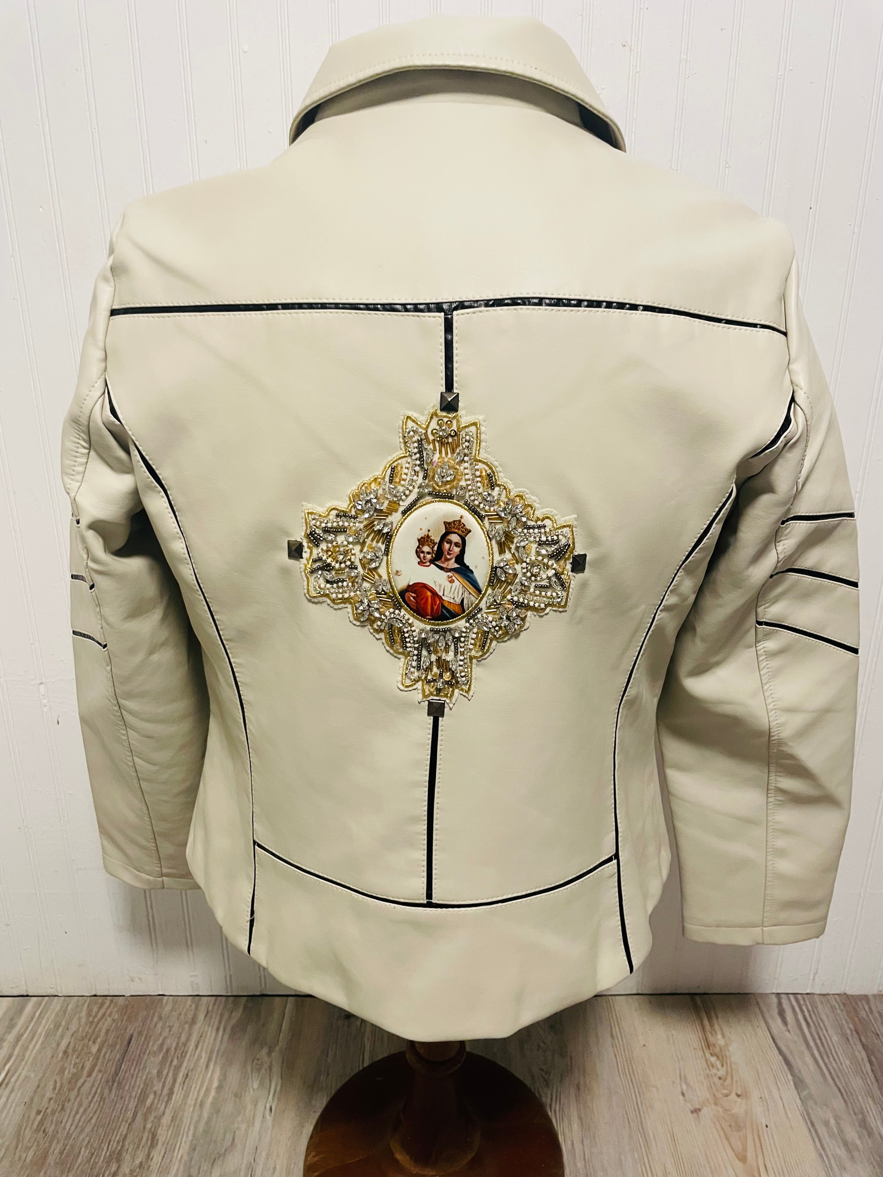 Off White & Black Jacket- Beaded Madonna & Child