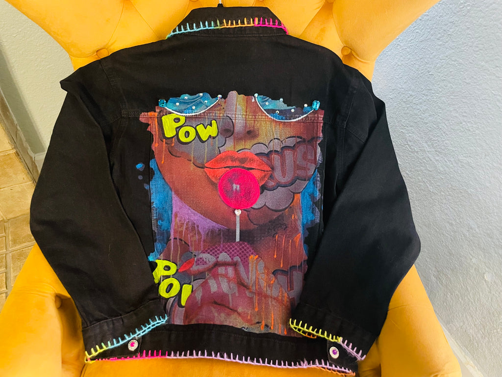 POP Art Denim Black Jacket Hand Painted