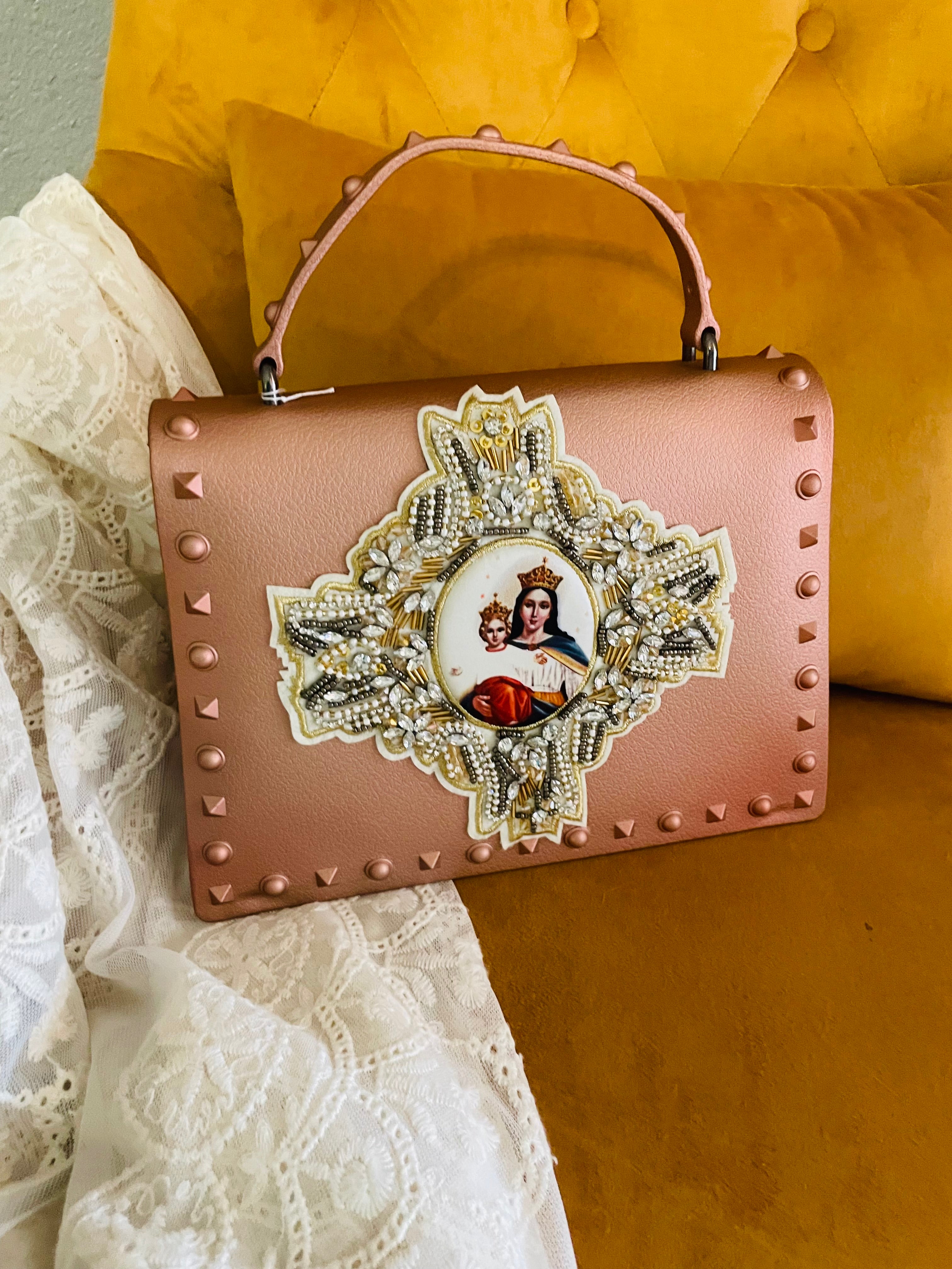 Rose Gold Bag with Beaded Madonna & Child