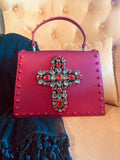 Metallic Studded Bag with Red Rhinestone Cross