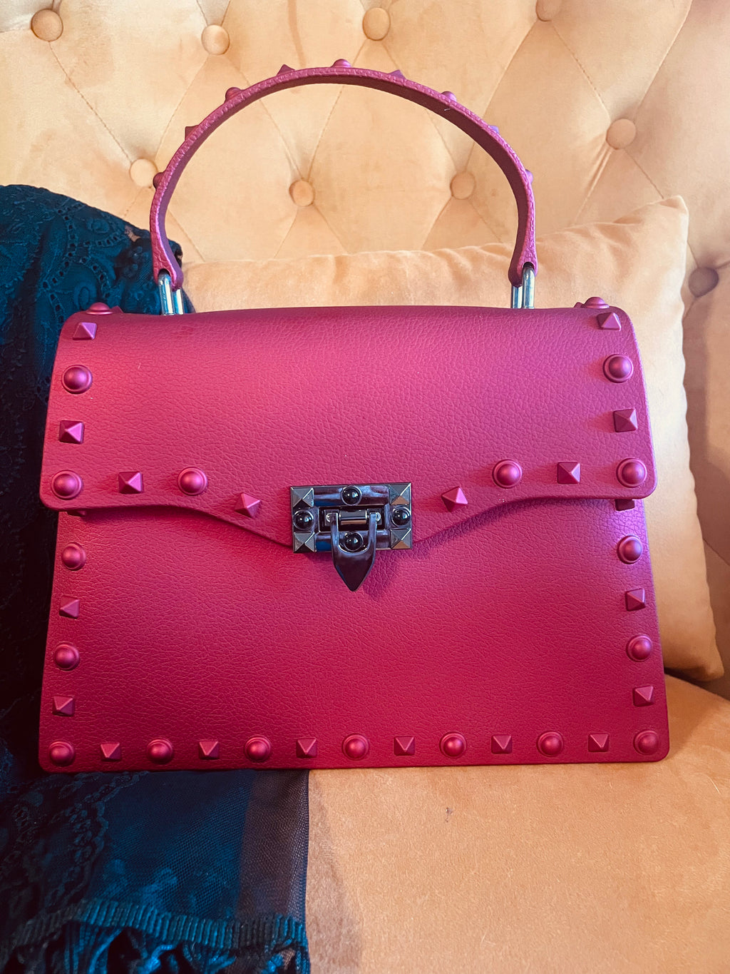 Metallic Studded Bag with Red Rhinestone Cross
