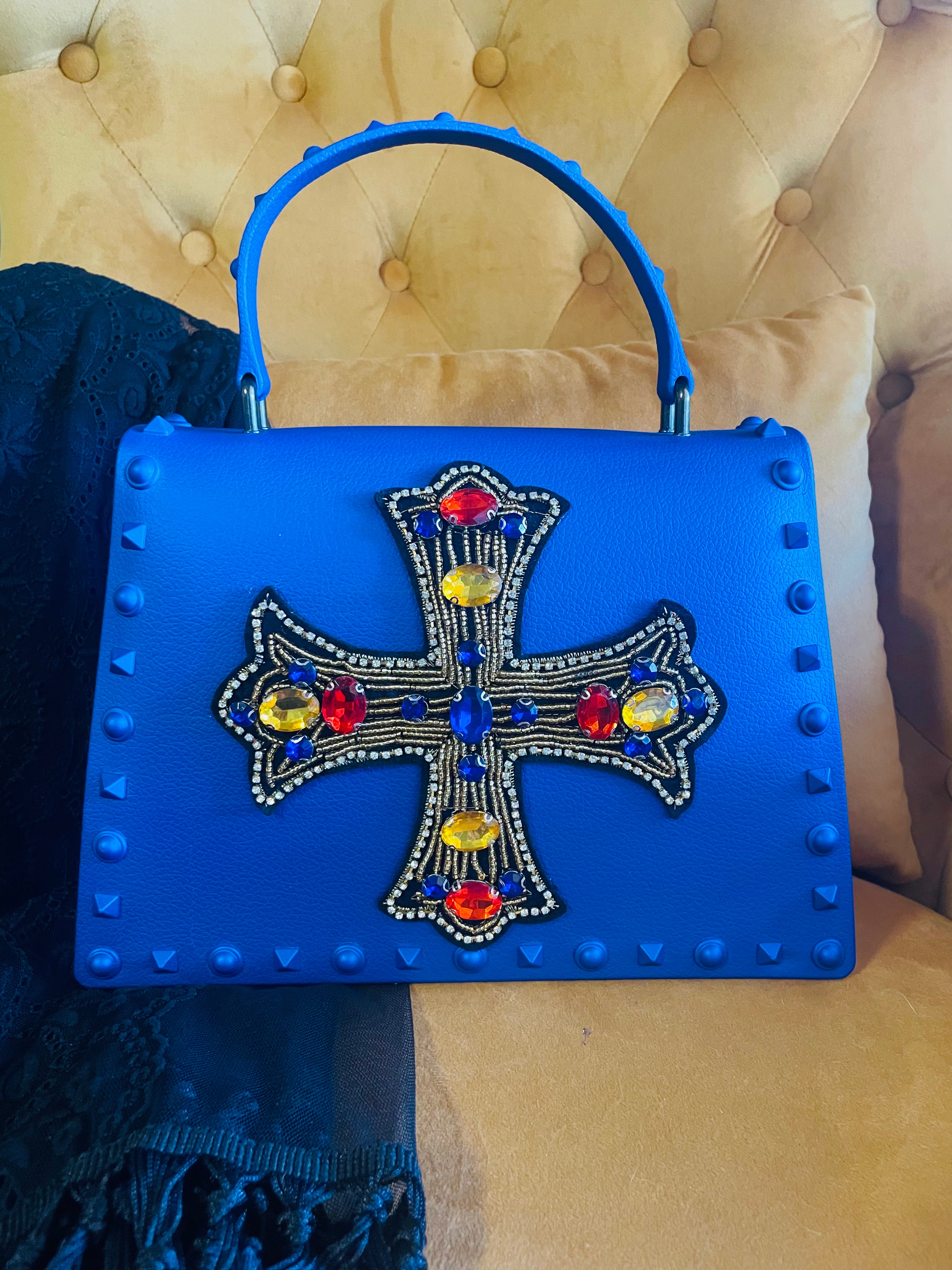 Metallic Studded Bag with Multi-Colored Rhinestone Cross