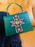 Metallic Studded Bag with Silver Rhinestone Cross