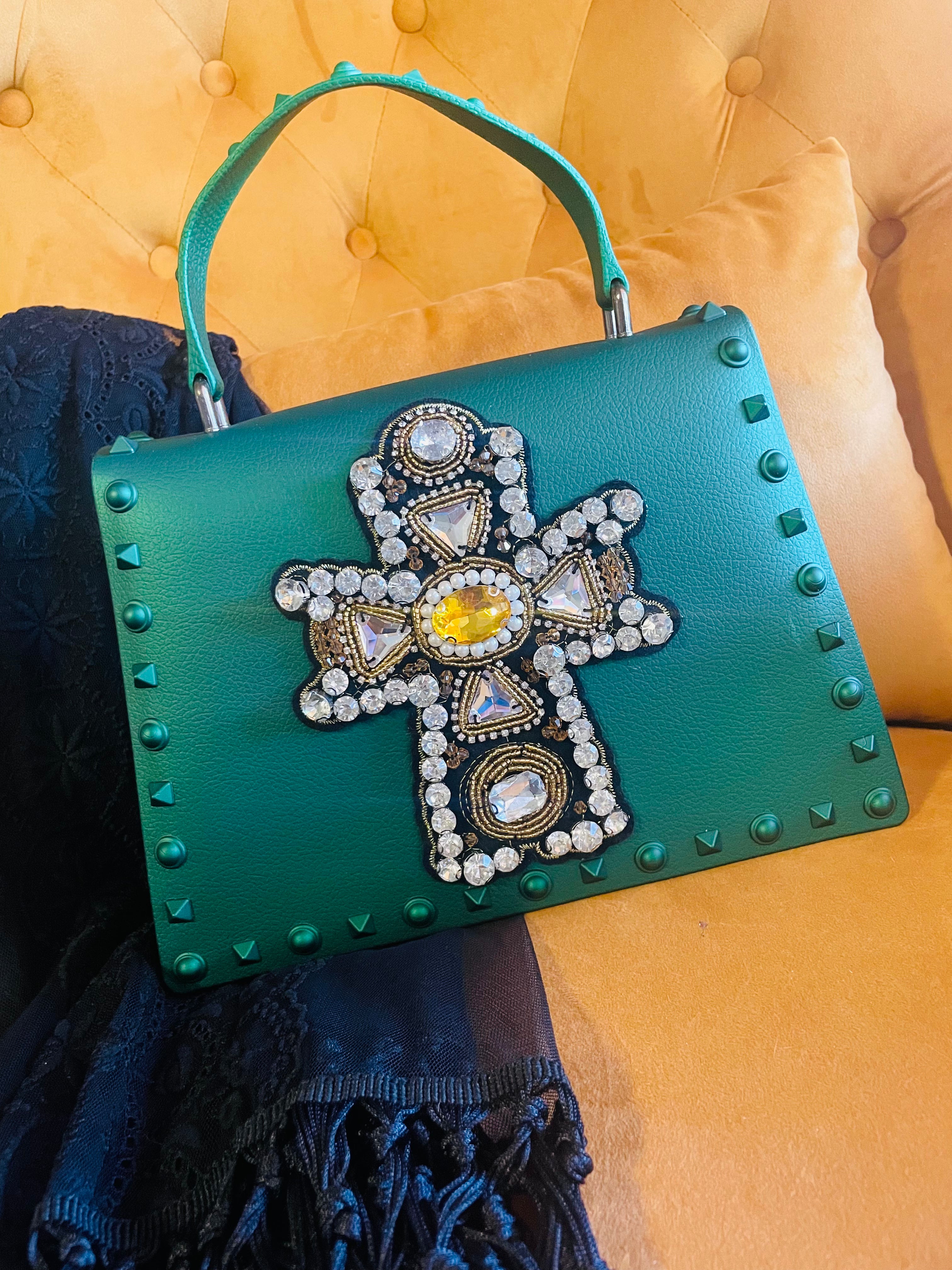 Metallic Studded Bag with Silver Rhinestone Cross