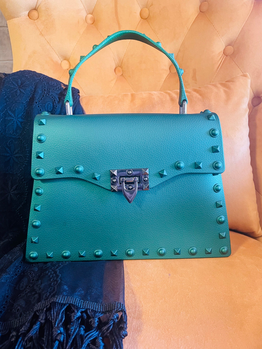 Metallic Studded Bag with Silver Rhinestone Cross