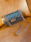Gray Quilted Rhinestone Bag Cross Charm Gold Chain