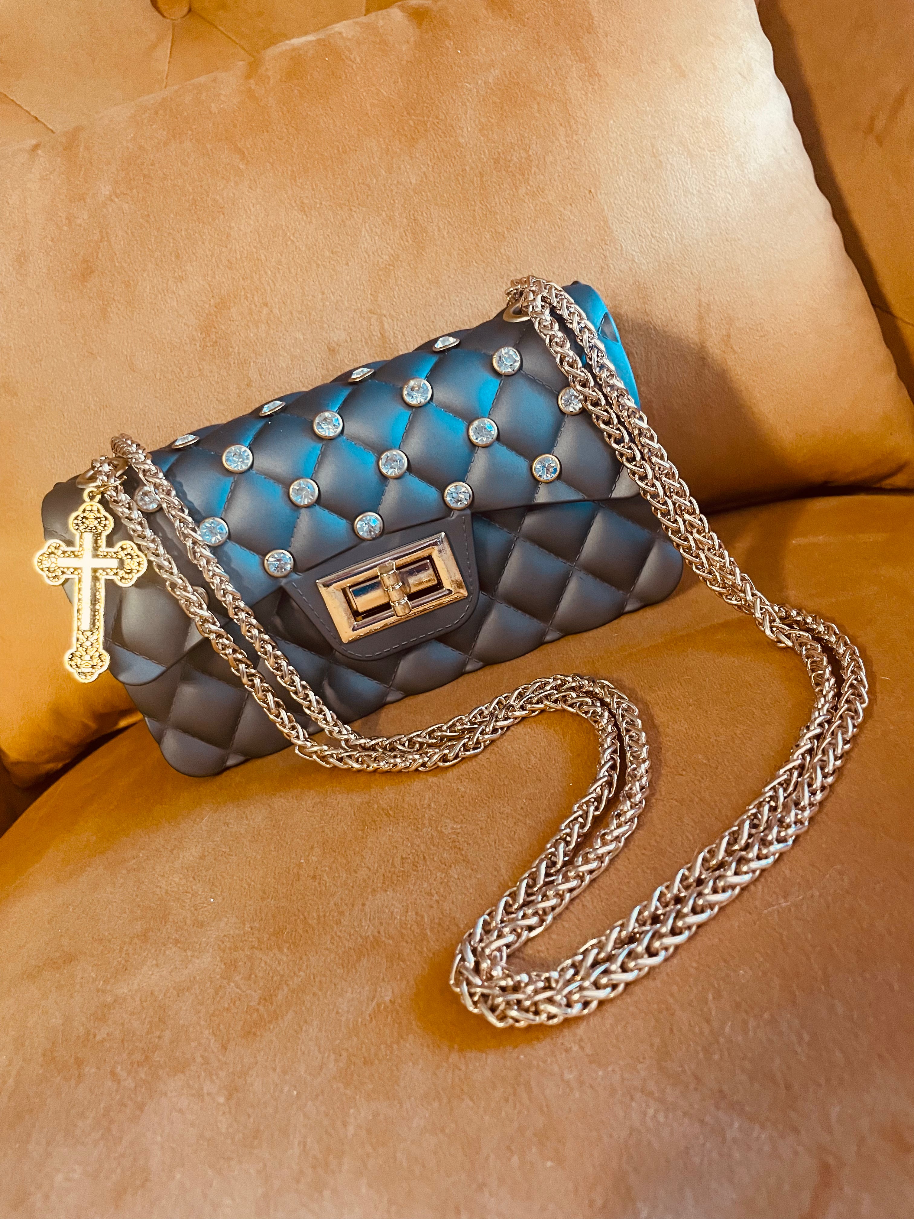 Gray Quilted Rhinestone Bag Cross Charm Gold Chain