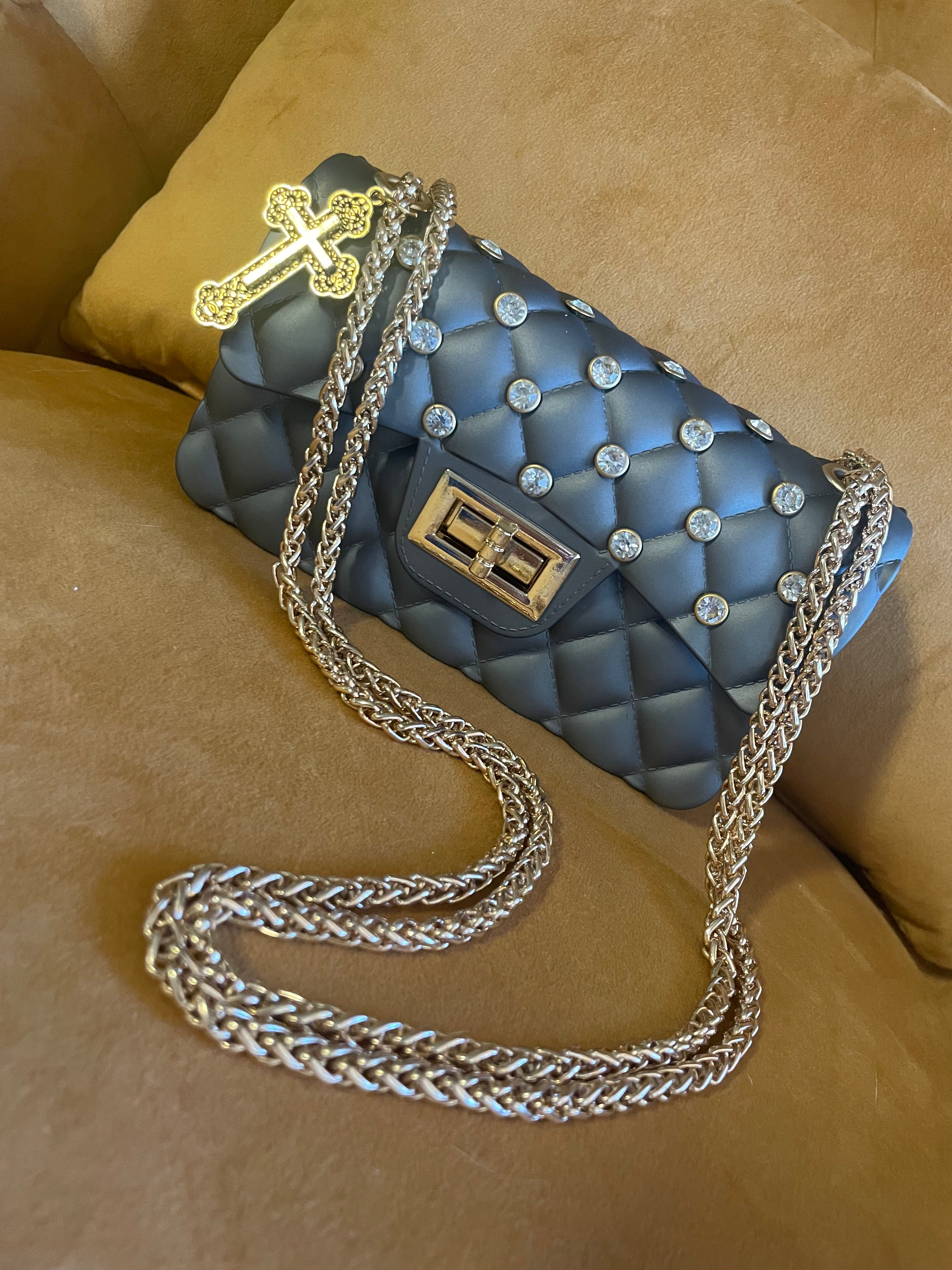 Gray Quilted Rhinestone Bag Cross Charm Gold Chain