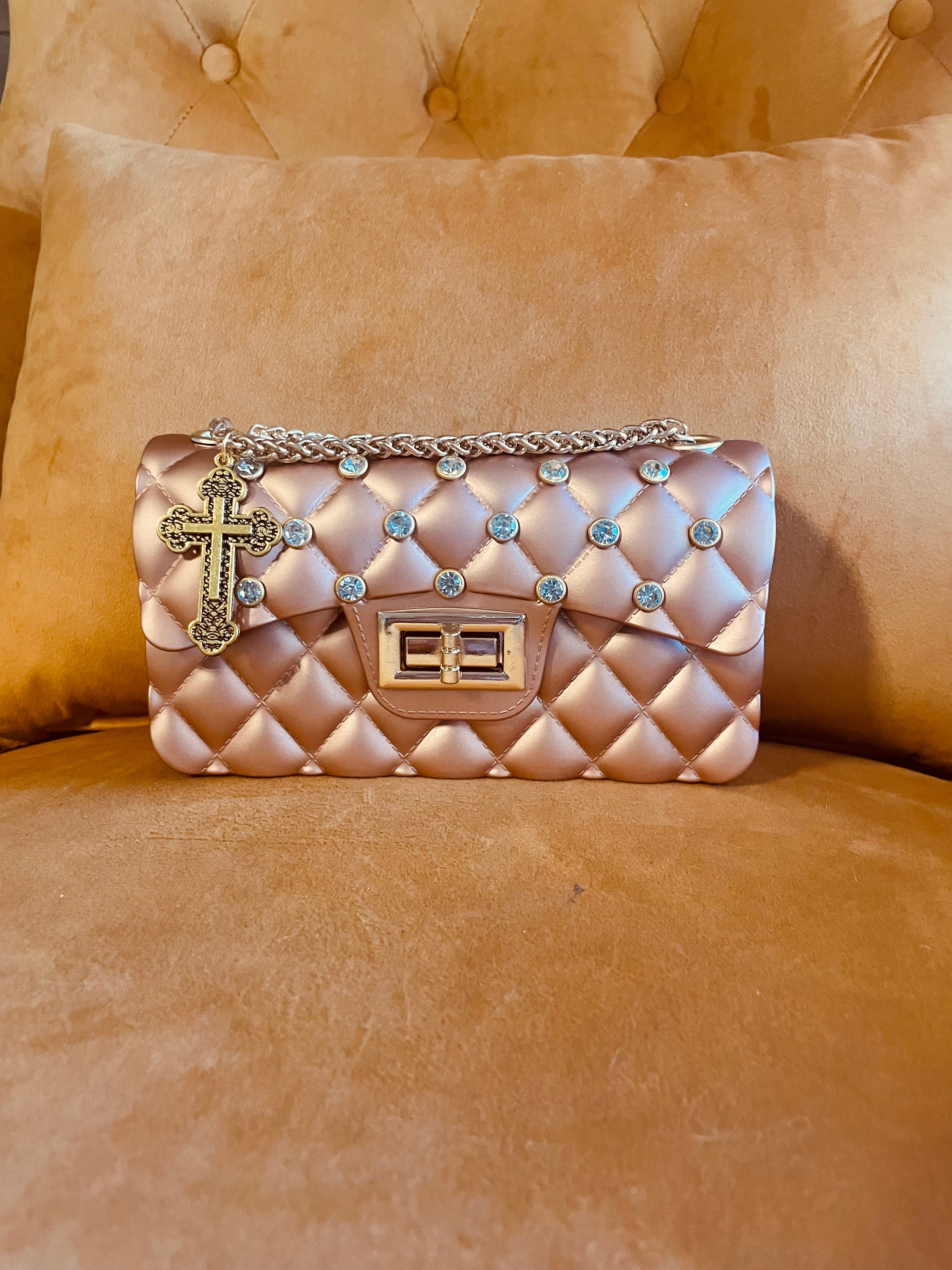 Rose Gold Quilted Rhinestone Bag Cross Charm