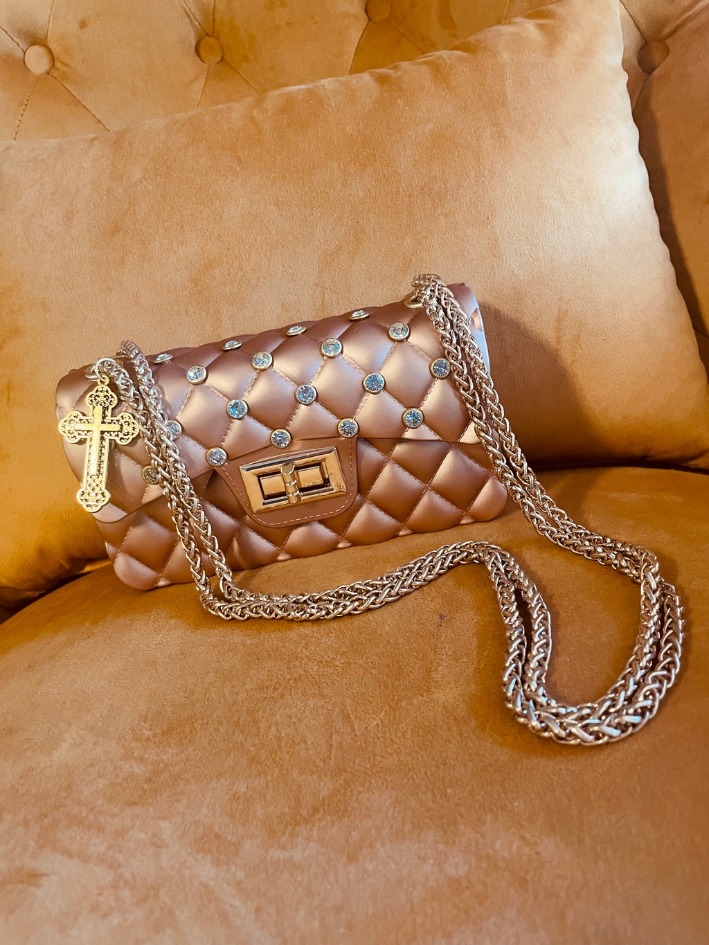 Rose Gold Quilted Rhinestone Bag Cross Charm