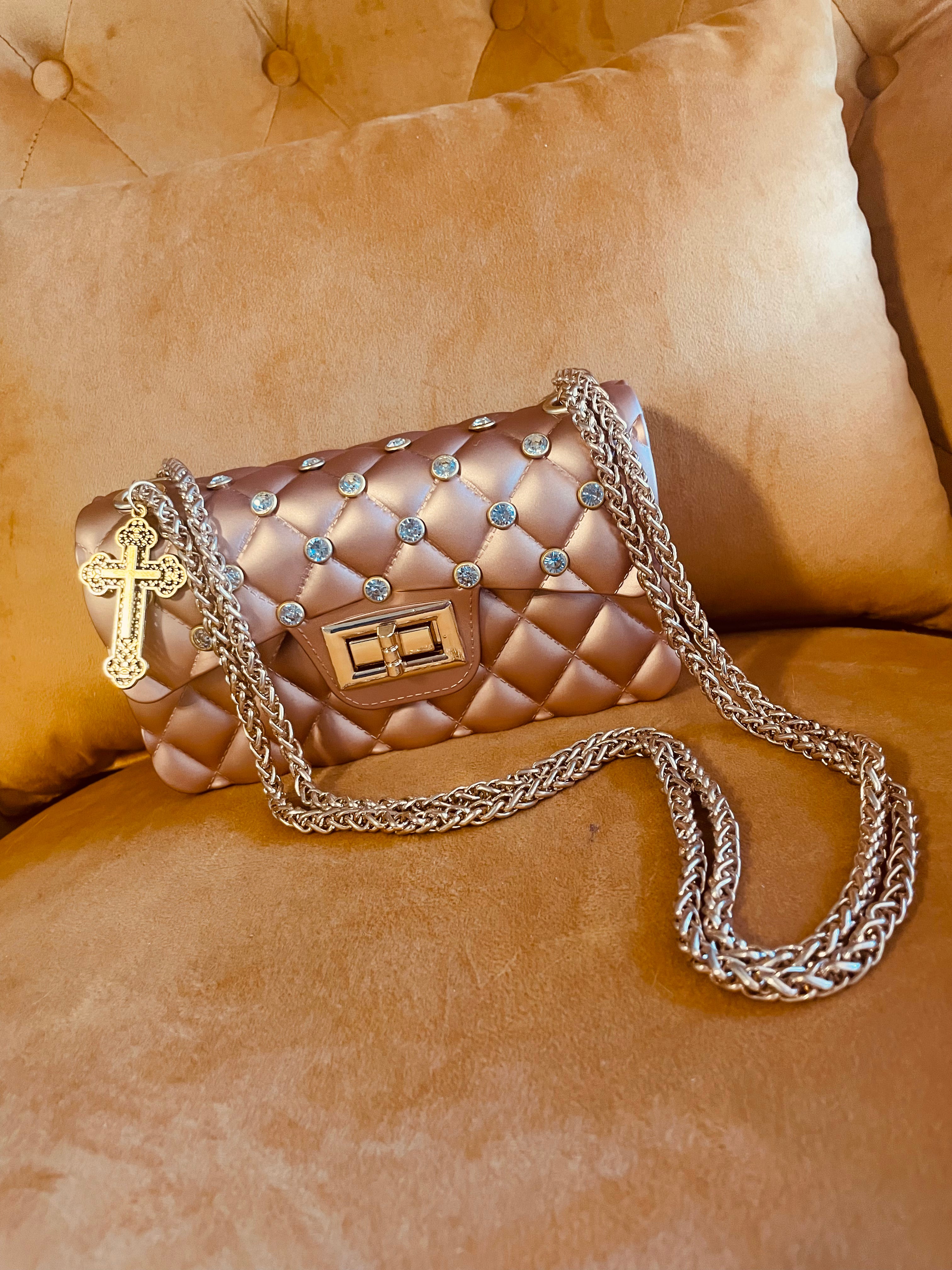 Rose Gold Quilted Rhinestone Bag Cross Charm