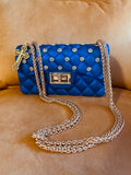 Blue Quilted Rhinestone Bag Cross Charm