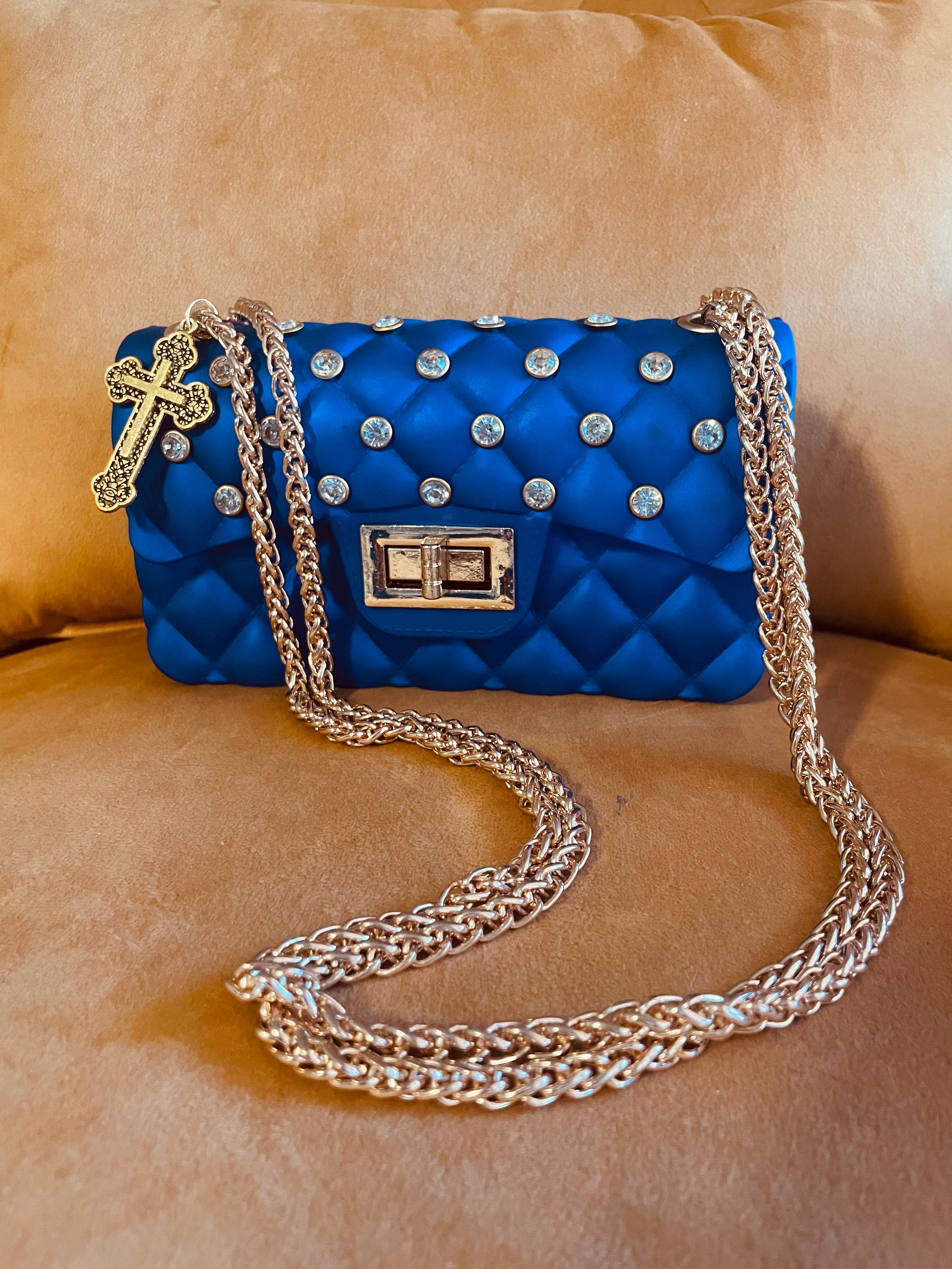Blue Quilted Rhinestone Bag Cross Charm