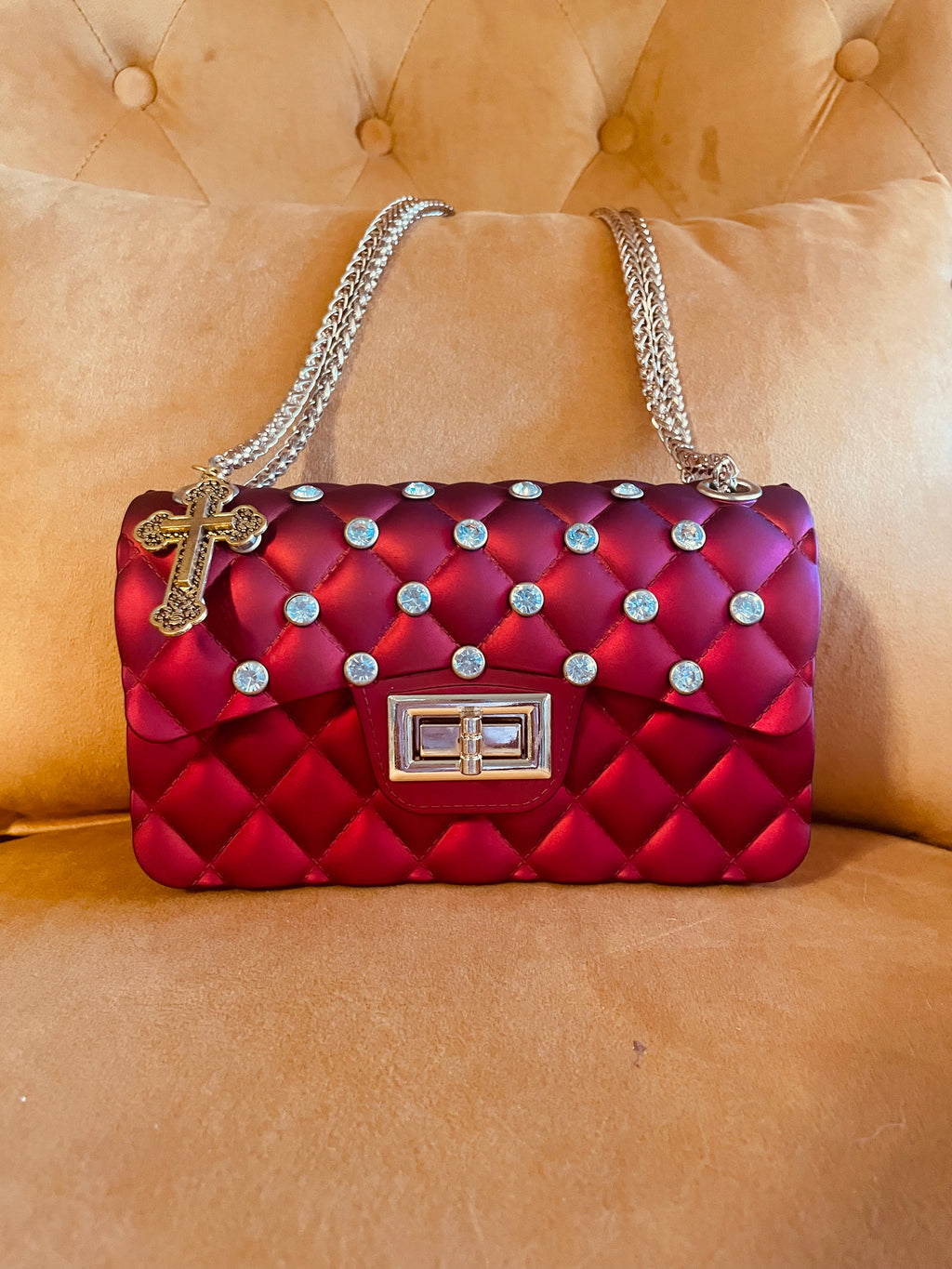 Red Quilted Rhinestone Bag Cross Charm