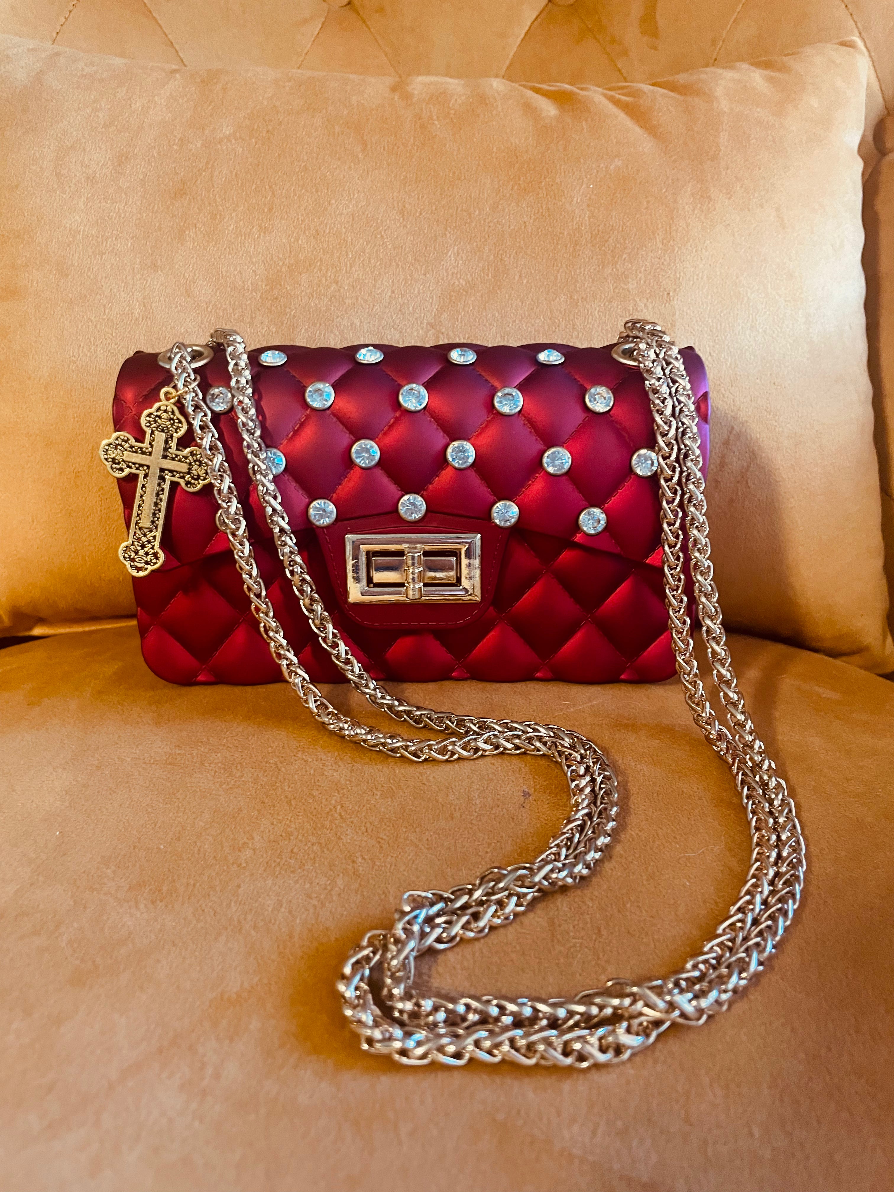 Red Quilted Rhinestone Bag Cross Charm