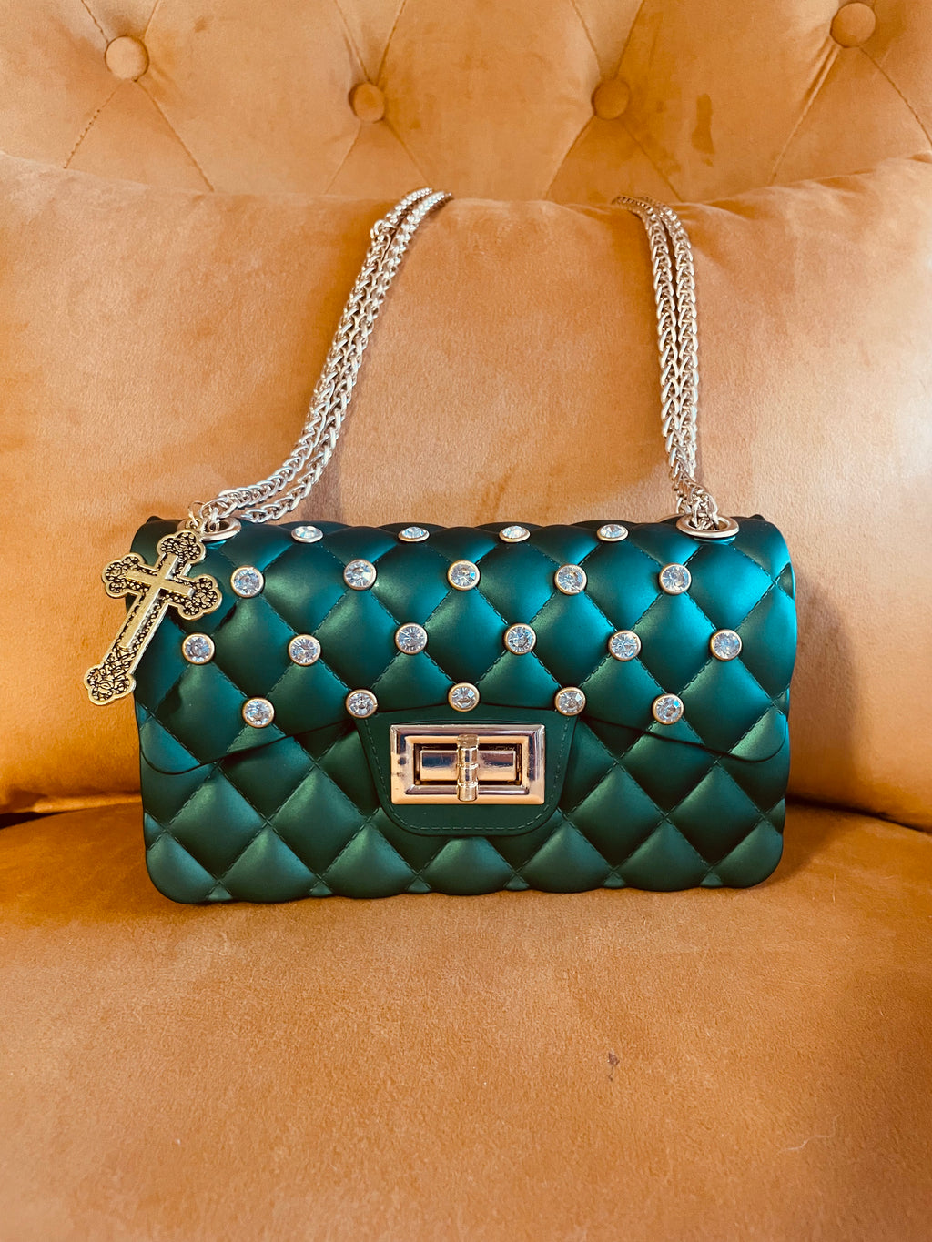 Green Quilted Rhinestone Handbag Cross Charm Gold Chain