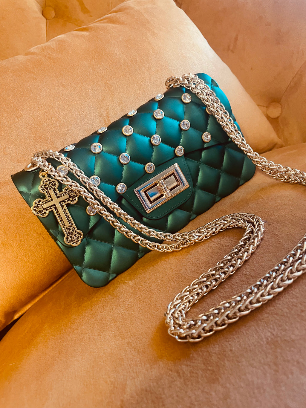 Green Quilted Rhinestone Handbag Cross Charm Gold Chain