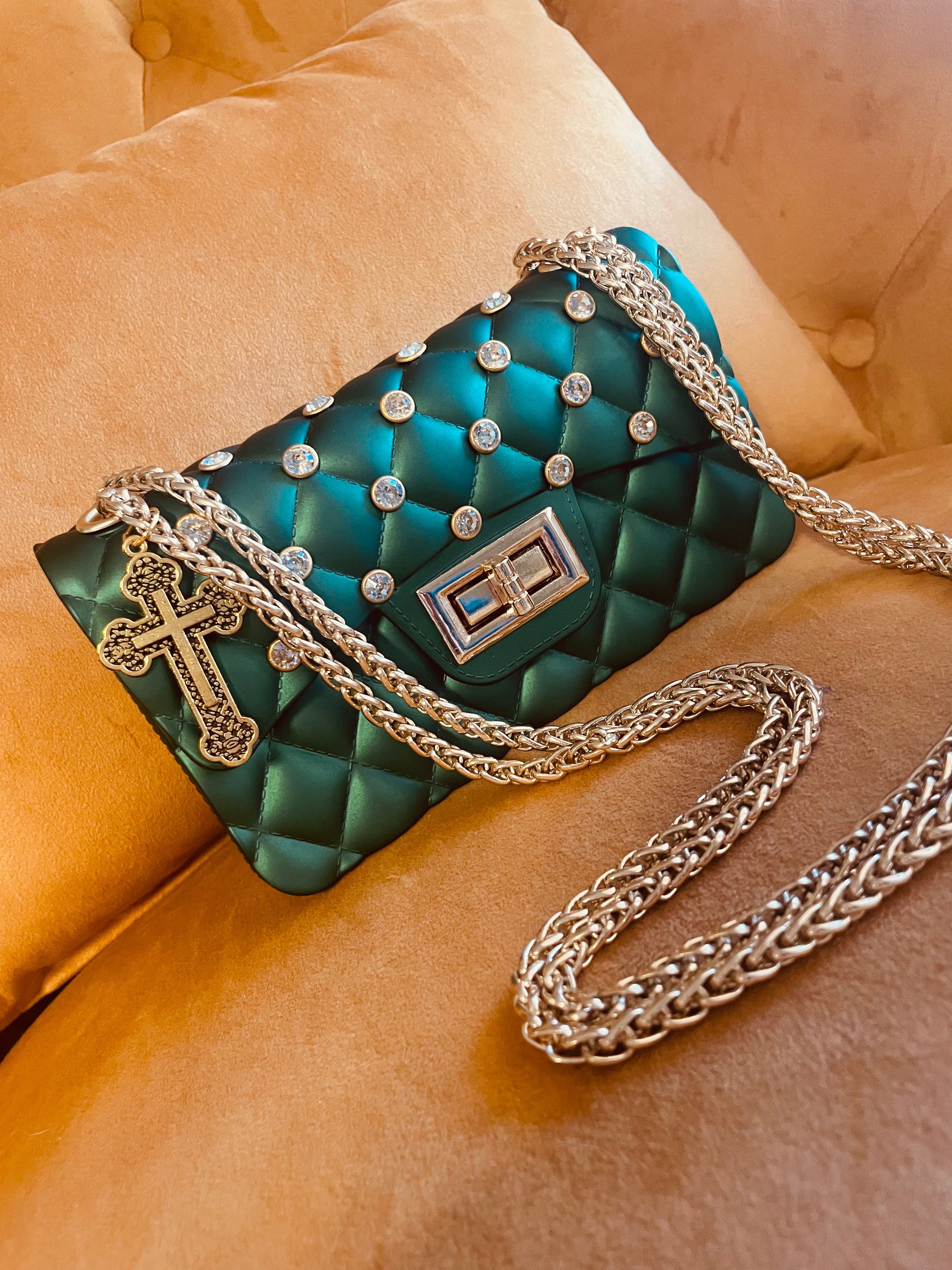 Green Quilted Rhinestone Handbag Cross Charm Gold Chain