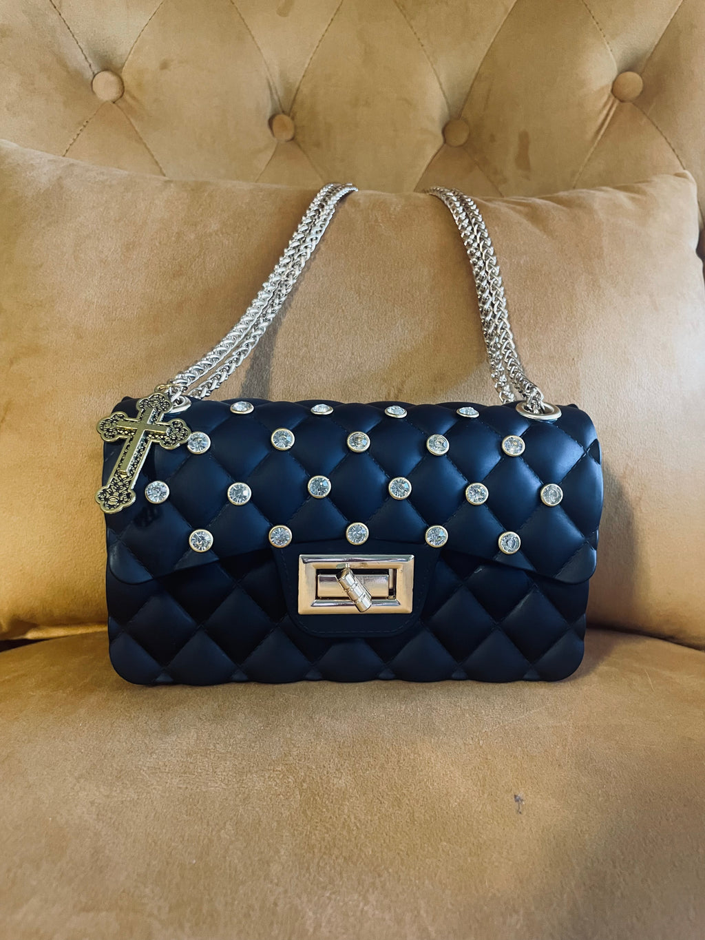 Black Quilted Rhinestone Bag Cross Charm