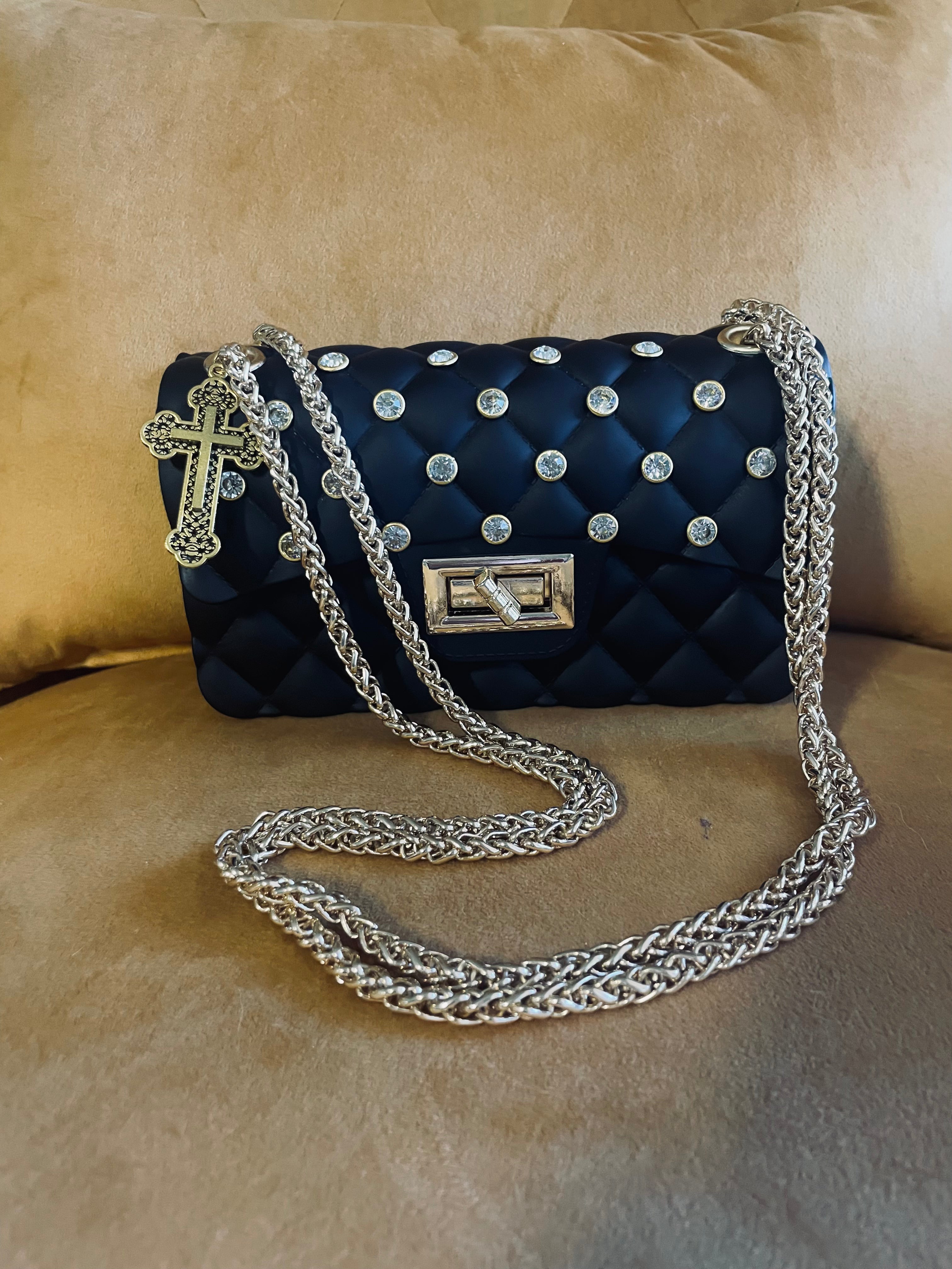 Black Quilted Rhinestone Bag Cross Charm
