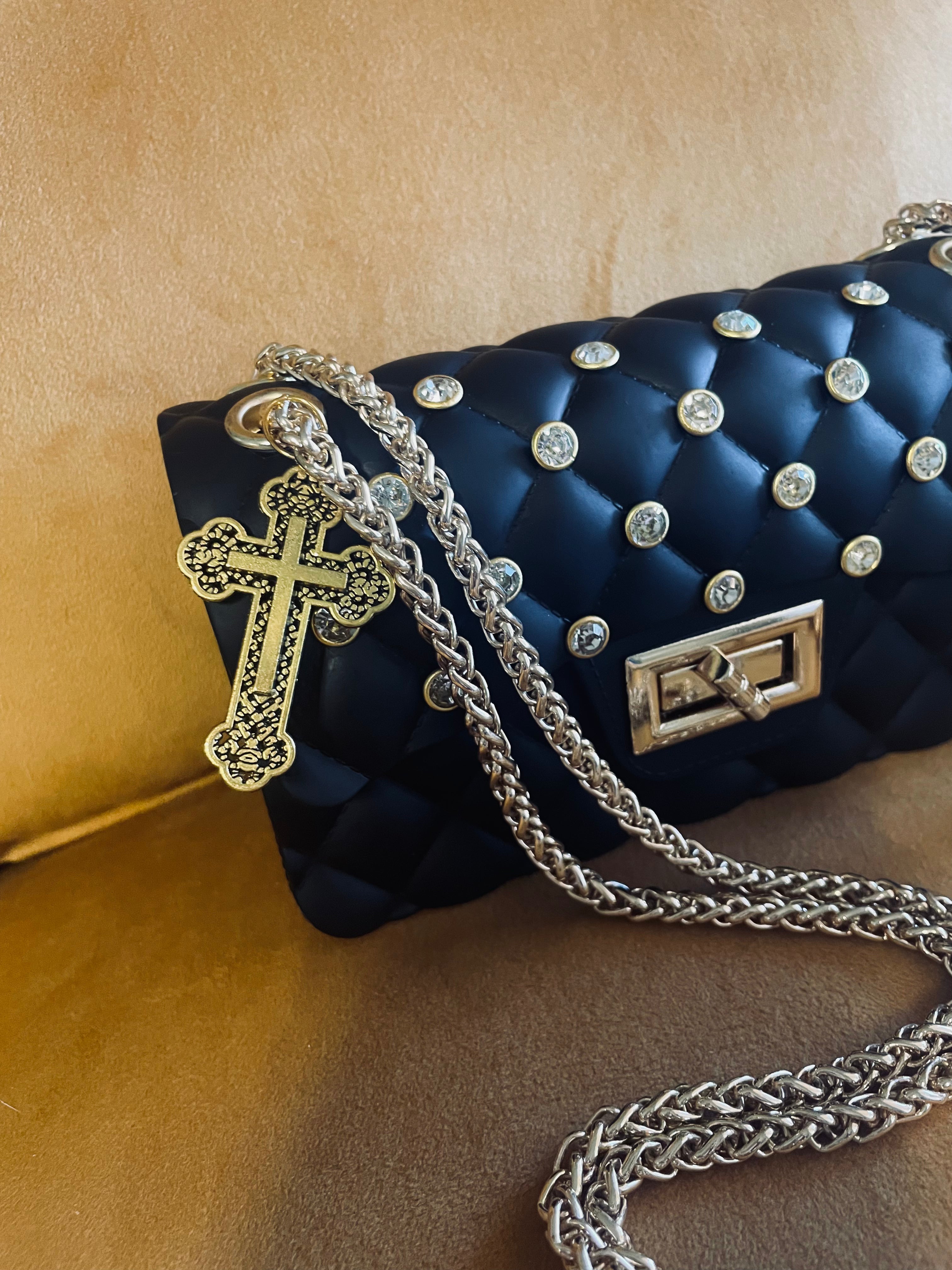 Black Quilted Rhinestone Bag Cross Charm