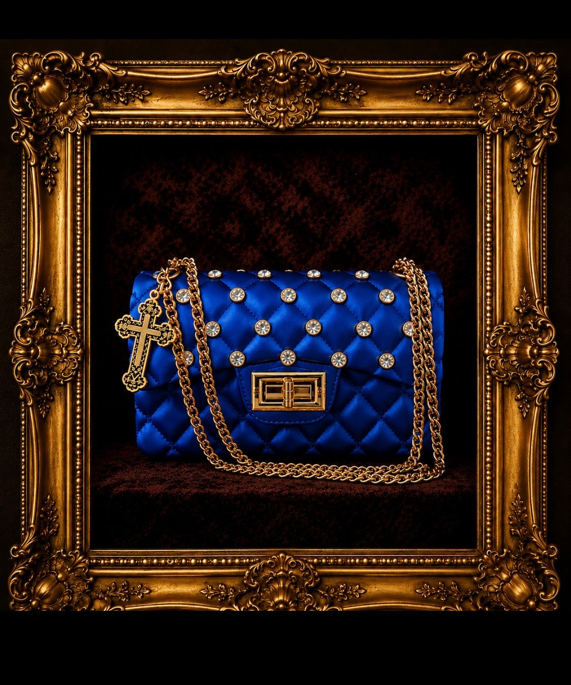 Blue Quilted Rhinestone Bag Cross Charm