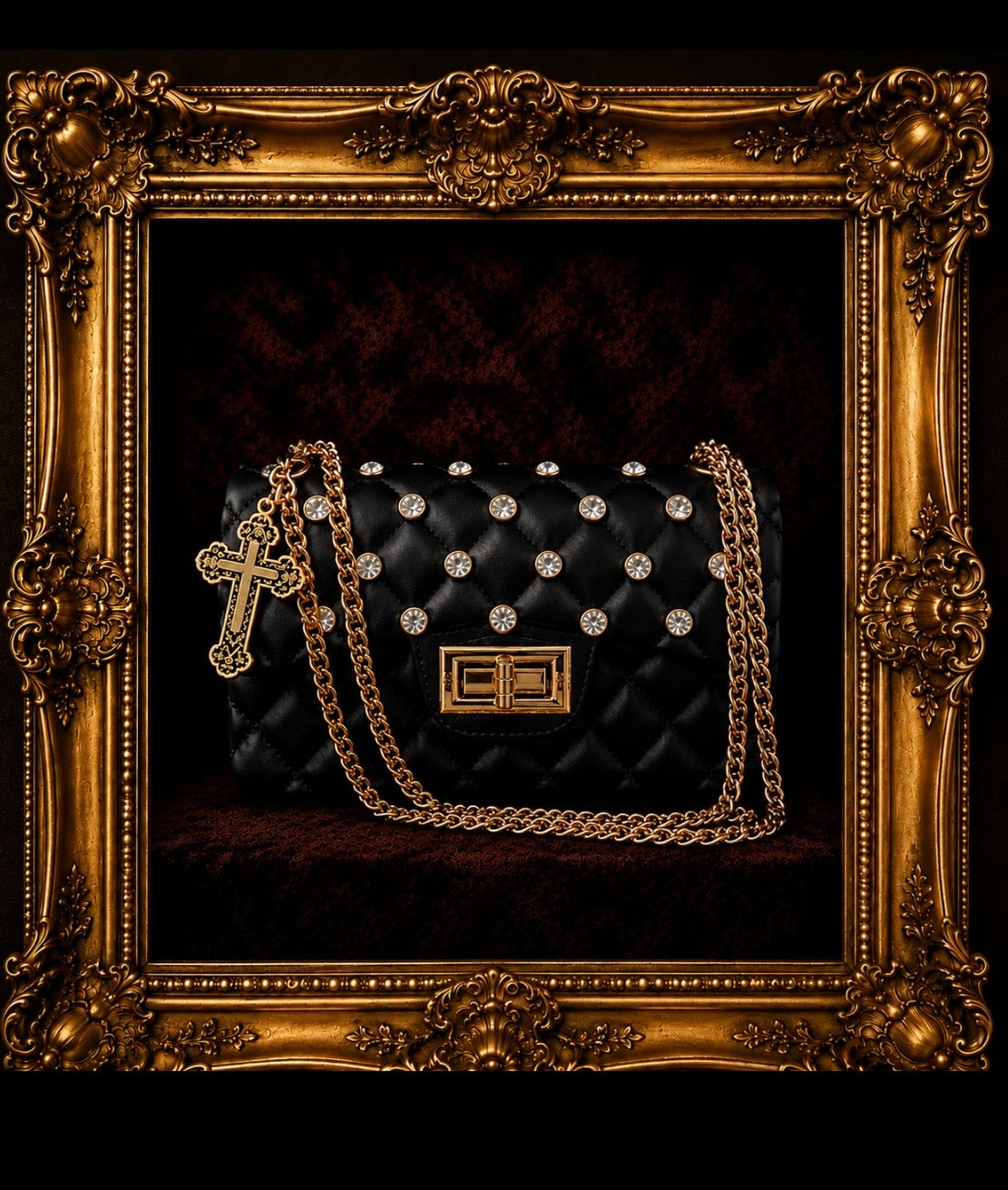 Black Quilted Rhinestone Bag Cross Charm