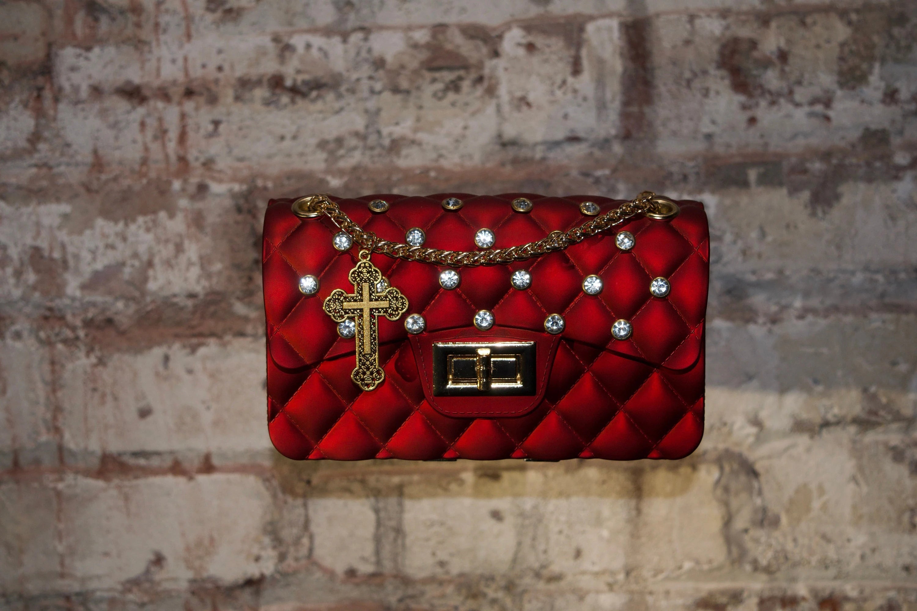 Red Quilted Rhinestone Bag Cross Charm