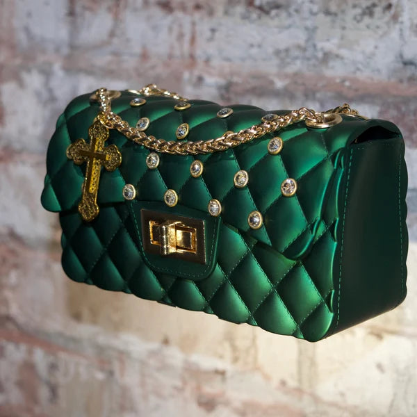 Green Quilted Rhinestone Handbag Cross Charm Gold Chain