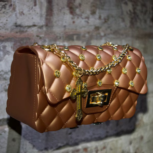 Rose Gold Quilted Rhinestone Bag Cross Charm