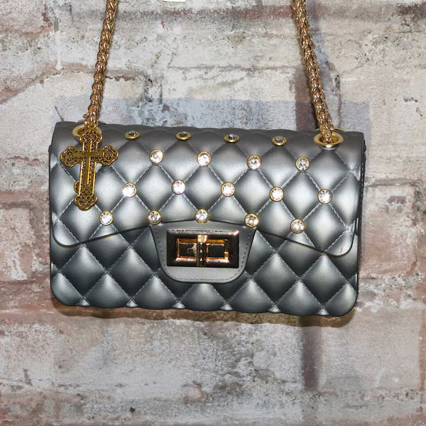 Gray Quilted Rhinestone Bag Cross Charm Gold Chain